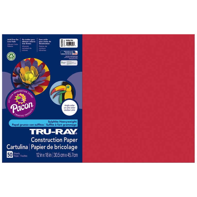 Tru-Ray Construction Paper, 50% Recycled, 12in x 18in, Holiday Red, Pack Of 50 (Min Order Qty 7) MPN:102994