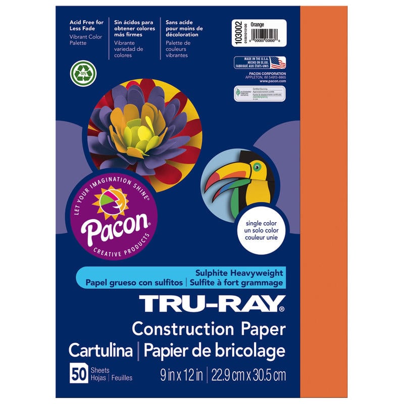 Tru-Ray Construction Paper, 50% Recycled, 9in x 12in, Orange, Pack Of 50 (Min Order Qty 10) MPN:103002