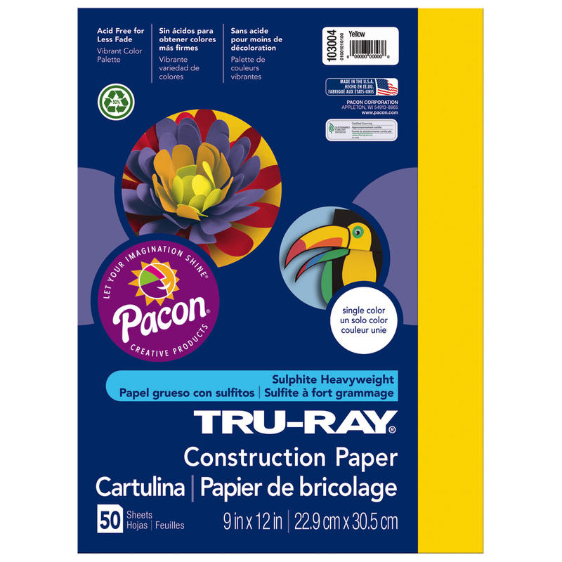 Tru-Ray Construction Paper, 50% Recycled, 9in x 12in, Yellow, Pack Of 50 (Min Order Qty 10) MPN:103004