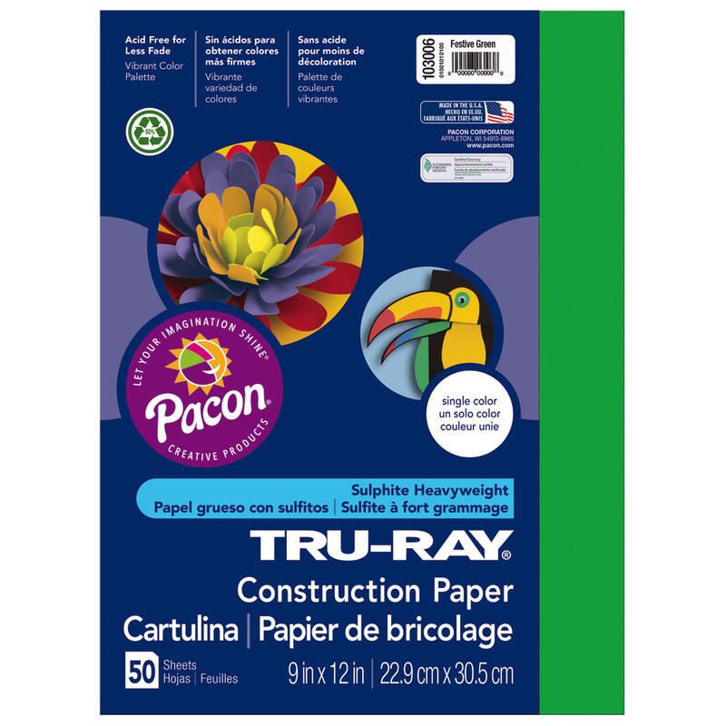 Tru-Ray Construction Paper, 50% Recycled, 9in x 12in, Festive Green, Pack Of 50 (Min Order Qty 10) MPN:103006