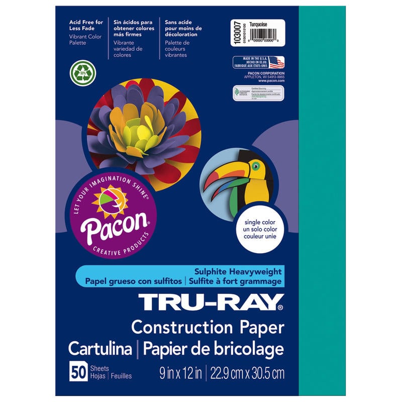 Tru-Ray Construction Paper, 50% Recycled, 9in x 12in, Turquoise, Pack Of 50 (Min Order Qty 10) MPN:103007