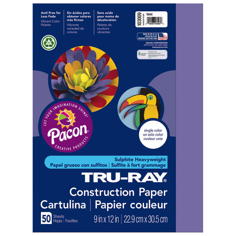 Tru-Ray Construction Paper, 50% Recycled, 9in x 12in, Violet, Pack Of 50 (Min Order Qty 10) MPN:103009