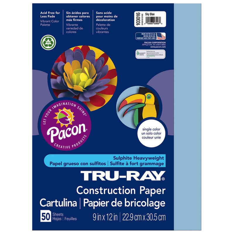 Tru-Ray Construction Paper, 50% Recycled, 9in x 12in, Sky Blue, Pack Of 50 (Min Order Qty 10) MPN:103016