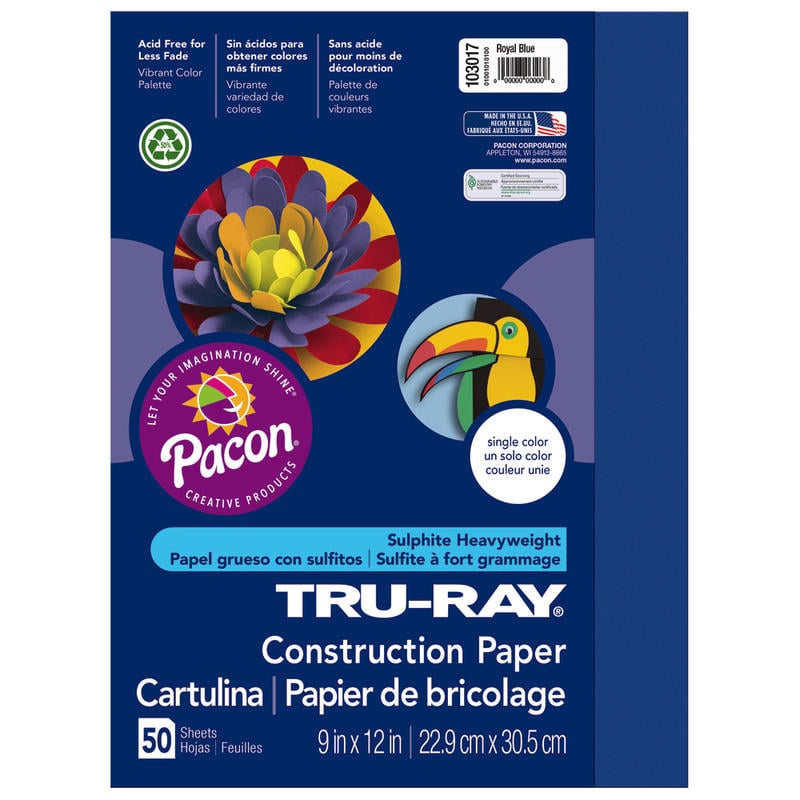 Tru-Ray Construction Paper, 50% Recycled, 9in x 12in, Royal Blue, Pack Of 50 (Min Order Qty 10) MPN:103017