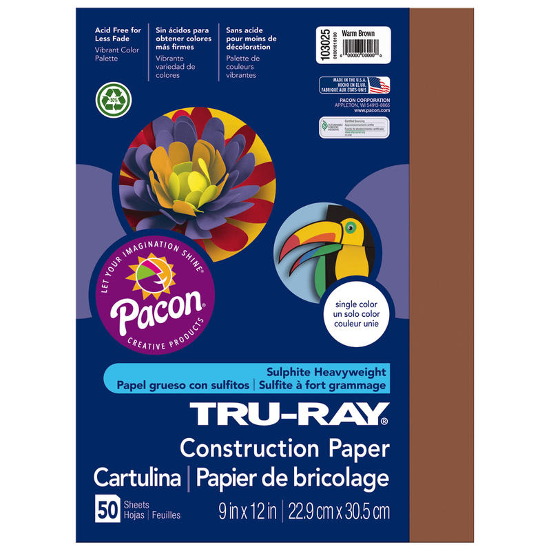 Tru-Ray Construction Paper, 50% Recycled, 9in x 12in, Warm Brown, Pack Of 50 (Min Order Qty 10) MPN:103025