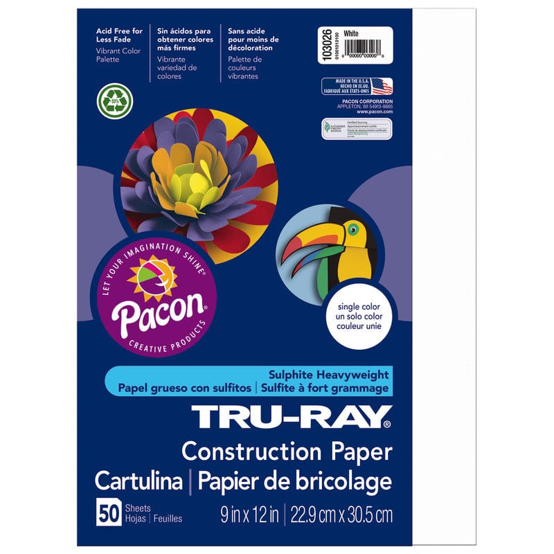 Tru-Ray Construction Paper, 50% Recycled, 9in x 12in, White, Pack Of 50 (Min Order Qty 22) MPN:103026