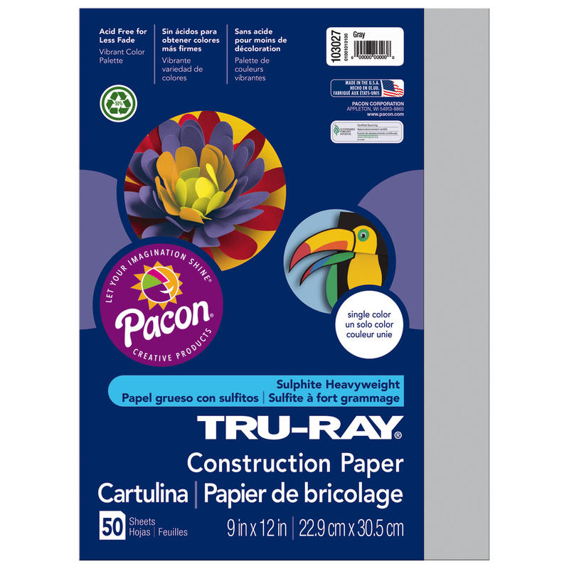 Tru-Ray Construction Paper, 50% Recycled, 9in x 12in, Gray, Pack Of 50 (Min Order Qty 10) MPN:103027