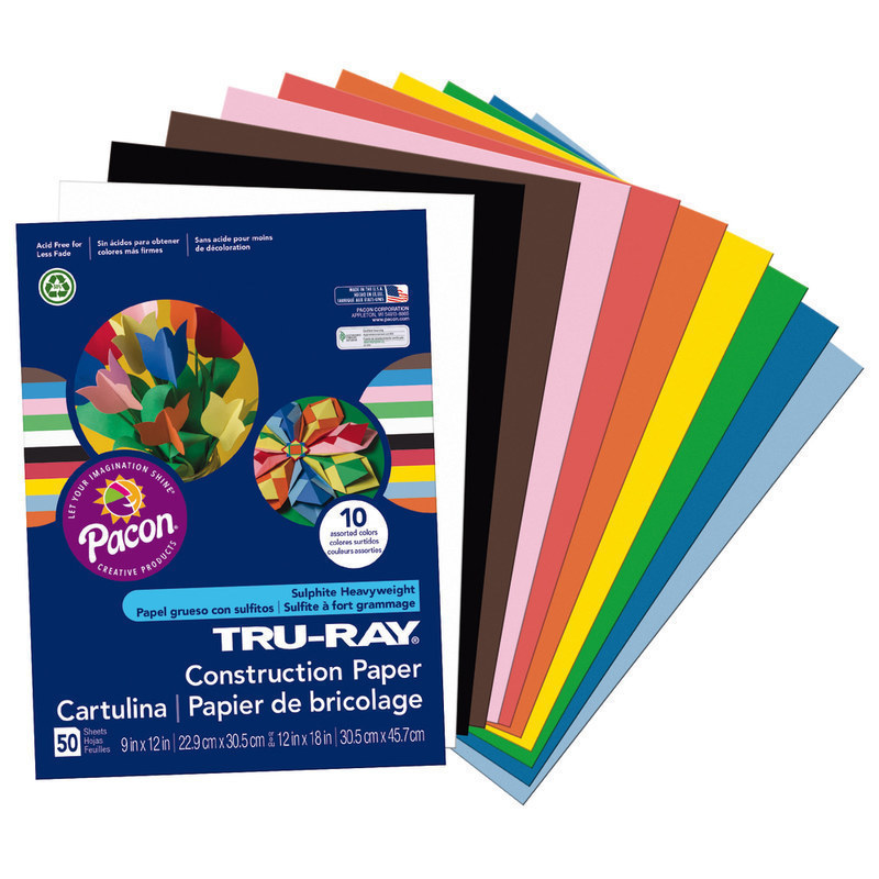 Tru-Ray Construction Paper, 50% Recycled, Assorted Colors, 9in x 12in, Pack Of 50 (Min Order Qty 22) MPN:103031