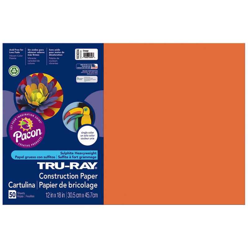 Tru-Ray Construction Paper, 50% Recycled, 12in x 18in, Orange, Pack Of 50 (Min Order Qty 7) MPN:103034