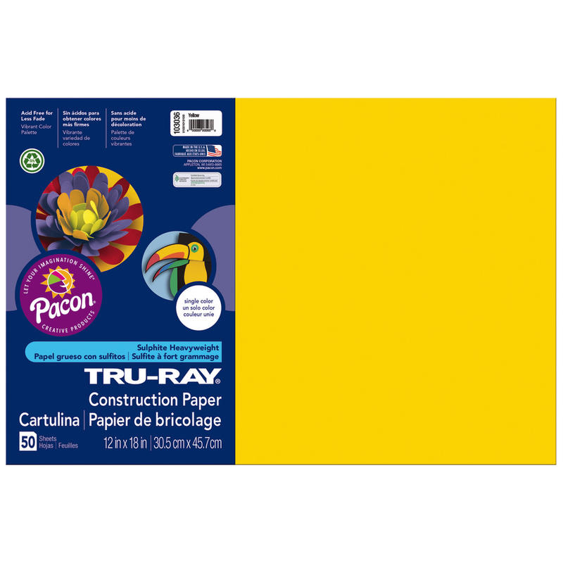 Tru-Ray Construction Paper, 50% Recycled, 12in x 18in, Yellow, Pack Of 50 (Min Order Qty 7) MPN:103036