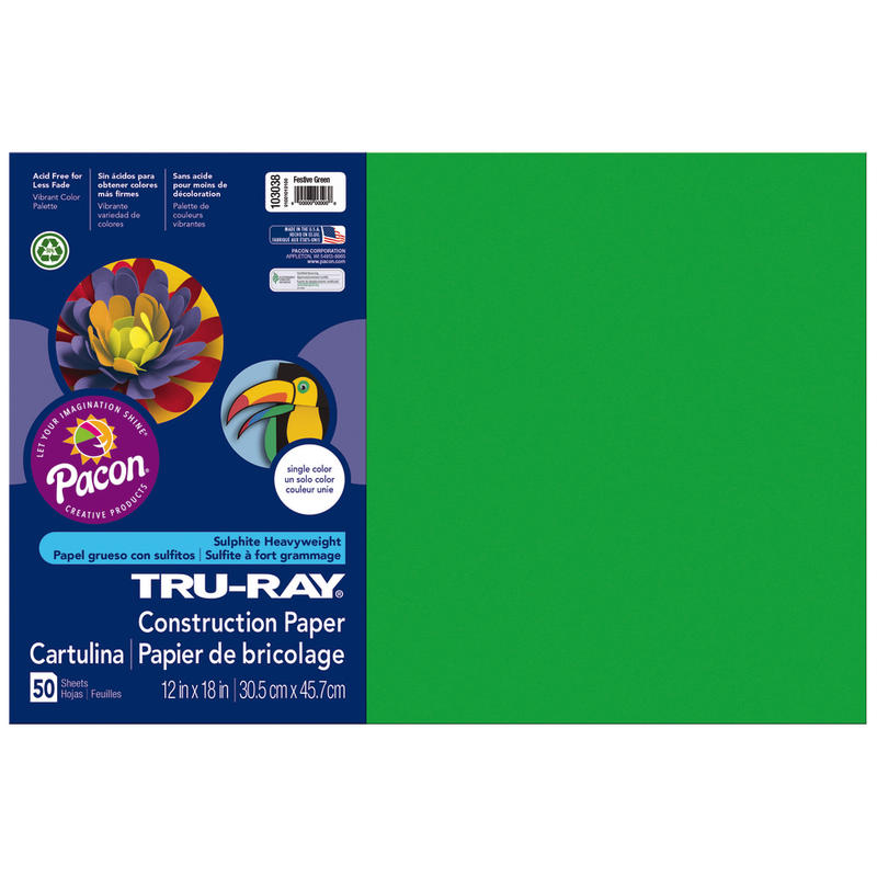 Tru-Ray Construction Paper, 50% Recycled, 12in x 18in, Festive Green, Pack Of 50 (Min Order Qty 7) MPN:103038