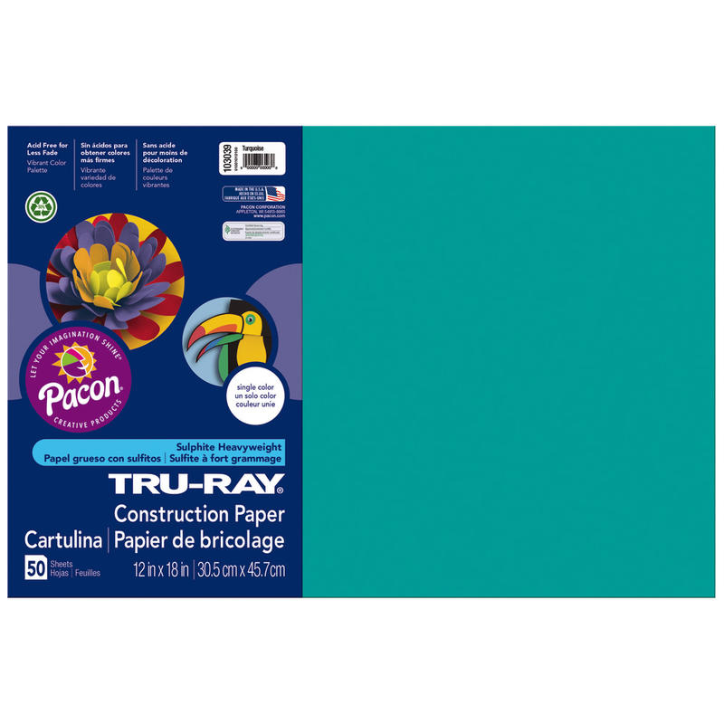 Tru-Ray Construction Paper, 50% Recycled, 12in x 18in, Turquoise, Pack Of 50 (Min Order Qty 6) MPN:103039