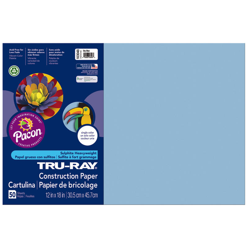 Tru-Ray Construction Paper, 50% Recycled, 12in x 18in, Sky Blue, Pack Of 50 (Min Order Qty 7) MPN:103048