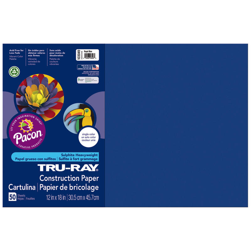 Tru-Ray Construction Paper, 50% Recycled, 12in x 18in, Royal Blue, Pack Of 50 (Min Order Qty 7) MPN:103049