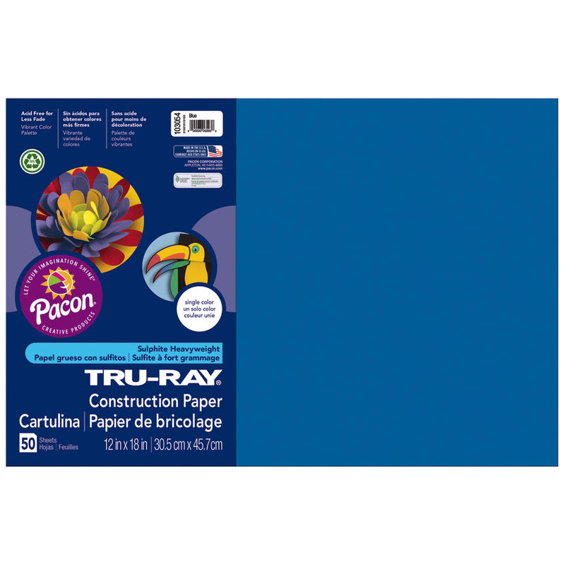 Tru-Ray Construction Paper, 50% Recycled, 12in x 18in, Blue, Pack Of 50 (Min Order Qty 7) MPN:103054