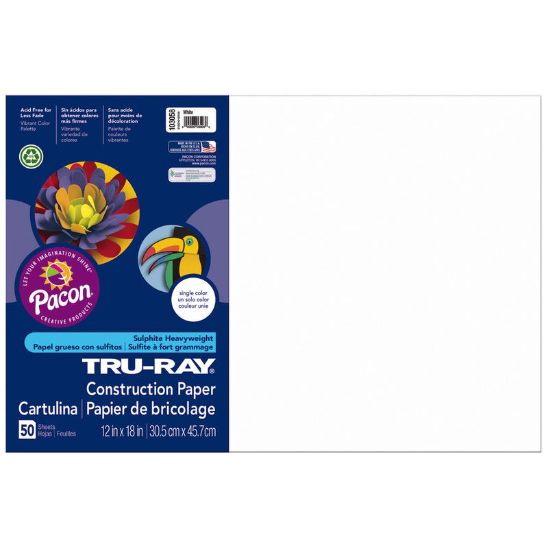 Tru-Ray Construction Paper, 50% Recycled, 12in x 18in, White, Pack Of 50 (Min Order Qty 7) MPN:103058