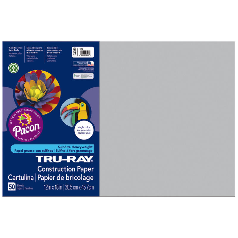 Tru-Ray Construction Paper, 50% Recycled, 12in x 18in, Gray, Pack Of 50 (Min Order Qty 11) MPN:103059