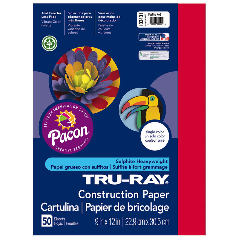 Tru-Ray Construction Paper, 50% Recycled, 9in x 12in, Festive Red, Pack Of 50 (Min Order Qty 10) MPN:103431