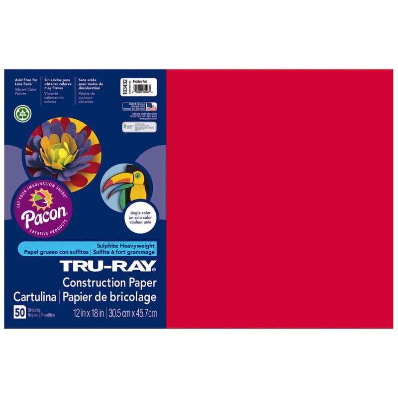 Tru-Ray Construction Paper, 50% Recycled, 12in x 18in, Festive Red, Pack Of 50 (Min Order Qty 7) MPN:103432