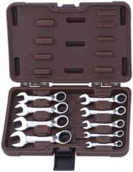 Stubby Ratcheting Reversible Combination Wrench Set: 9 Pc, 1/2