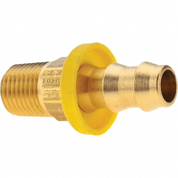 Barbed Push-On Hose Male Connector: 1/4-18 Male NPTF, Brass, 3/8