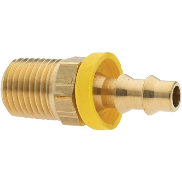 Barbed Push-On Hose Male Connector: 1/4-18 MNPTF, Brass, 1/4