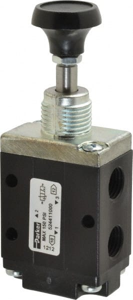 Mechanically Operated Valve: 3-Way & 2-Position, Button-Spring Return Actuator, 1/4