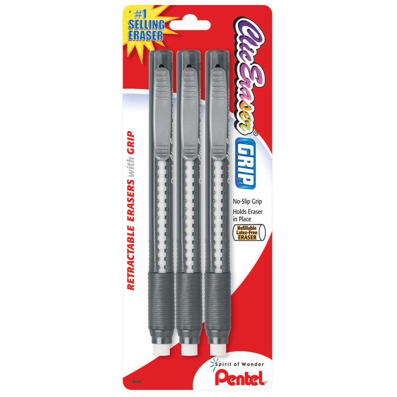 Pentel Clic Erasers, 5in, Assorted Barrel Colors, Pack Of 3 (Min Order Qty 18) MPN:ZE21BP3-K6