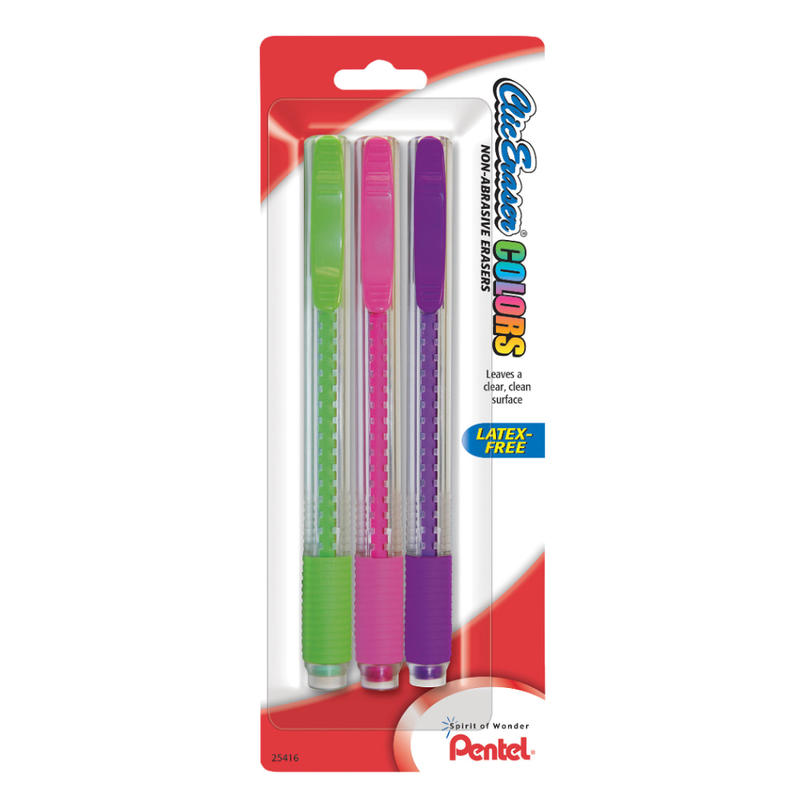 Pentel Clic Erasers, Assorted Colors, Pack Of 3 (Min Order Qty 18) MPN:ZE23BP3M