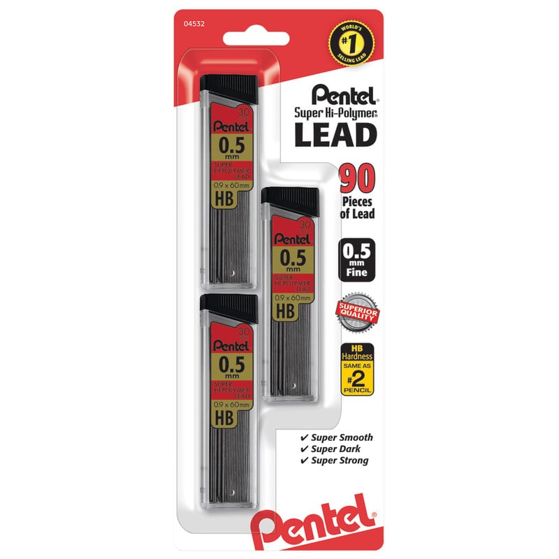 Pentel Super Hi-Polymer Leads, 0.5 mm, HB, 30 Leads Per Tube, Pack Of 3 Tubes (Min Order Qty 19) MPN:C25BPHB3K6