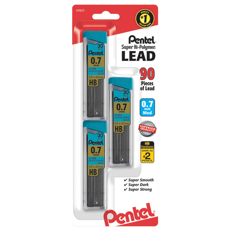 Pentel Super Hi-Polymer Leads, 0.7 mm, Medium, HB, 30 Leads Per Tube, Pack Of 3 Tubes (Min Order Qty 19) MPN:C27BPHB3-D3