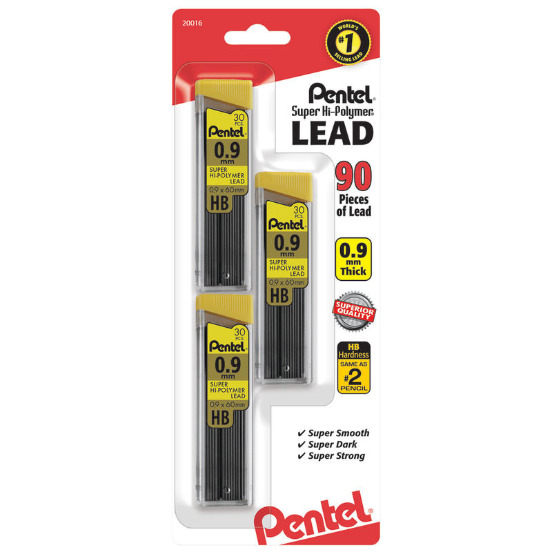 Pentel Super Hi-Polymer Leads, 0.9 mm, HB, 30 Leads Per Tube, Pack Of 3 Tubes (Min Order Qty 19) MPN:C29BPHB3