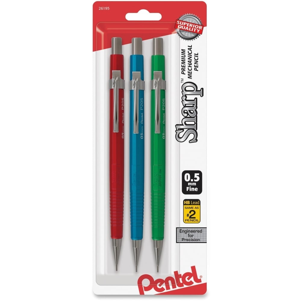 Pentel Sharp Premium Mechanical Pencils, HB Lead, Fine Point, 0.5 mm, Assorted Colors, Pack Of 3 (Min Order Qty 4) MPN:P205MBP3M1