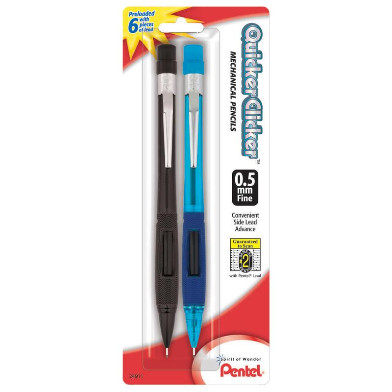 Pentel Quicker Clicker Mechanical Pencil, 0.5mm, #2 Lead, Assorted Barrel, Pack Of 2 (Min Order Qty 12) MPN:PD345BP2-K6