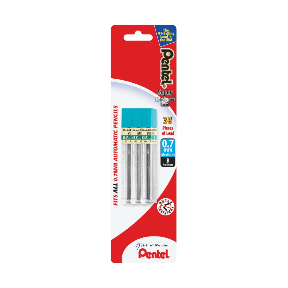 Pentel Super Hi-Polymer Lead Refills, Medium Point, 0.7 mm, B Hardness, Pack Of 36 Refills (Min Order Qty 32) MPN:PD345BP3-D36