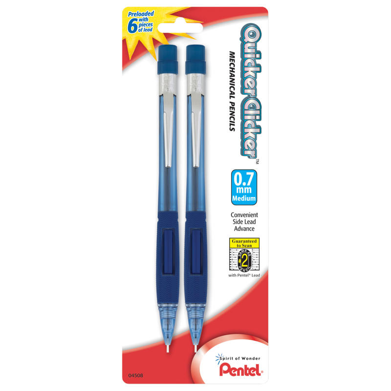 Pentel Quicker Clicker Mechanical Pencil, 0.7mm, #2 Lead, Transparent Blue Barrel, Pack Of 2 (Min Order Qty 12) MPN:PD347BP2-K6