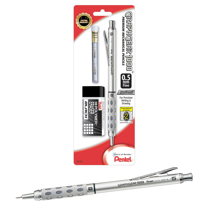 Pentel Graph Gear 1000 Mechanical Pencil with Eraser Set, 0.5mm, #2 Lead, Silver Barrel (Min Order Qty 5) MPN:PG1015EBP