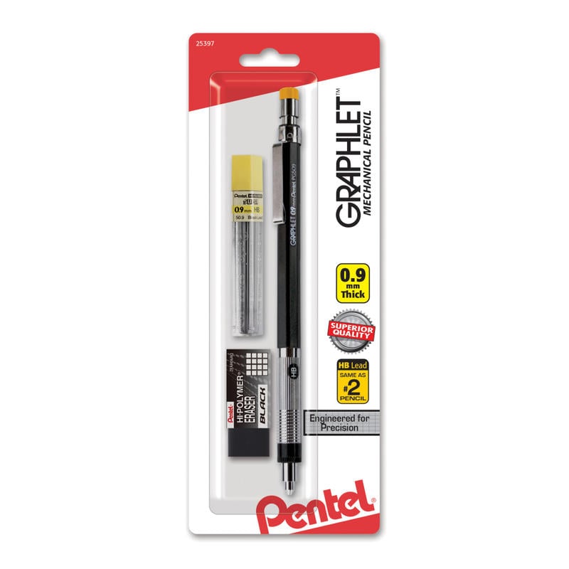 Pentel Graphlet Mechanical Pencil with Lead and Eraser Set, 0.9mm, #2 Lead, Black Barrel (Min Order Qty 7) MPN:PG509LEBP