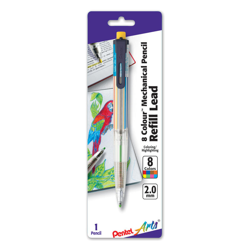 Pentel Arts 8 Colour Mechanical Pencil, 2.0mm, Clear Barrel/Assorted Clip Colors (Min Order Qty 4) MPN:PH158BP