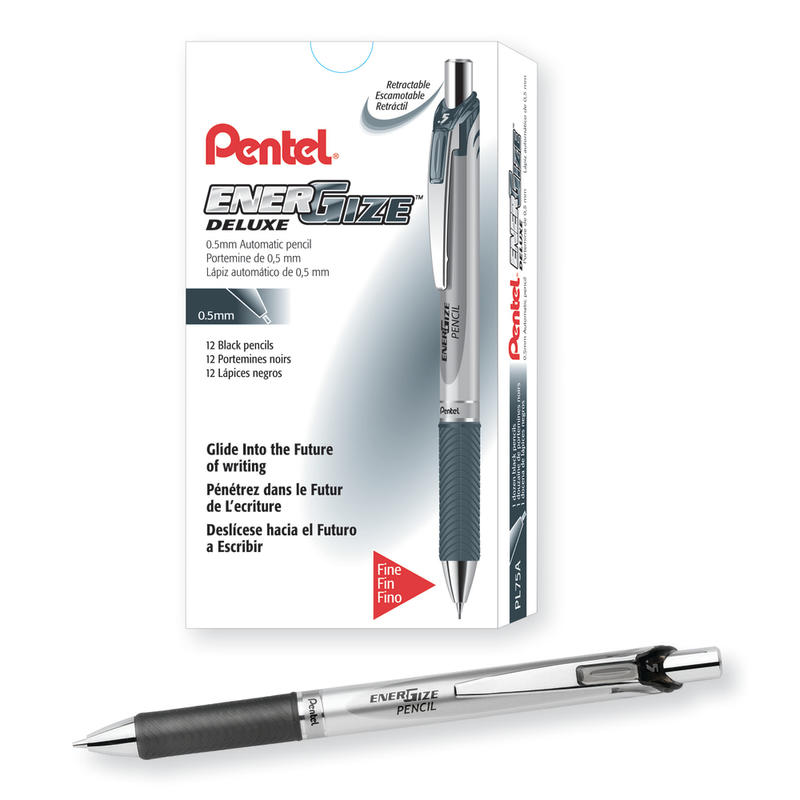 Pentel EnerGize Mechanical Pencil, 0.5mm, #2 Lead, Black/Silver Barrel, Pack Of 12 (Min Order Qty 2) MPN:PL75-A-DZ