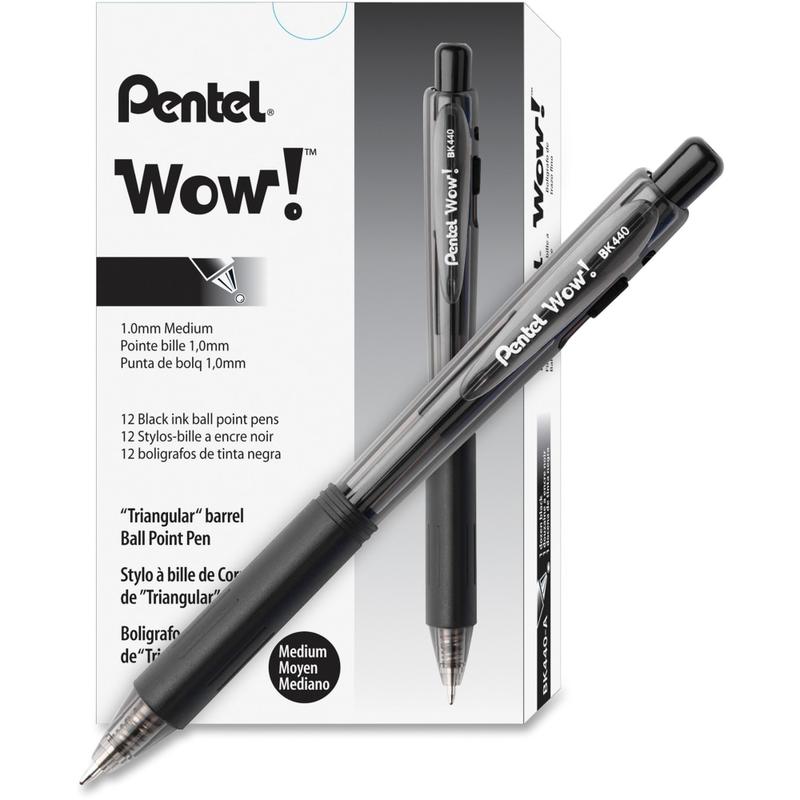 Pentel WOW! Retractable Ballpoint Pens, Pack Of 36, Medium Point, Transparent Barrel, Black Ink (Min Order Qty 6) MPN:BK440ASWUS