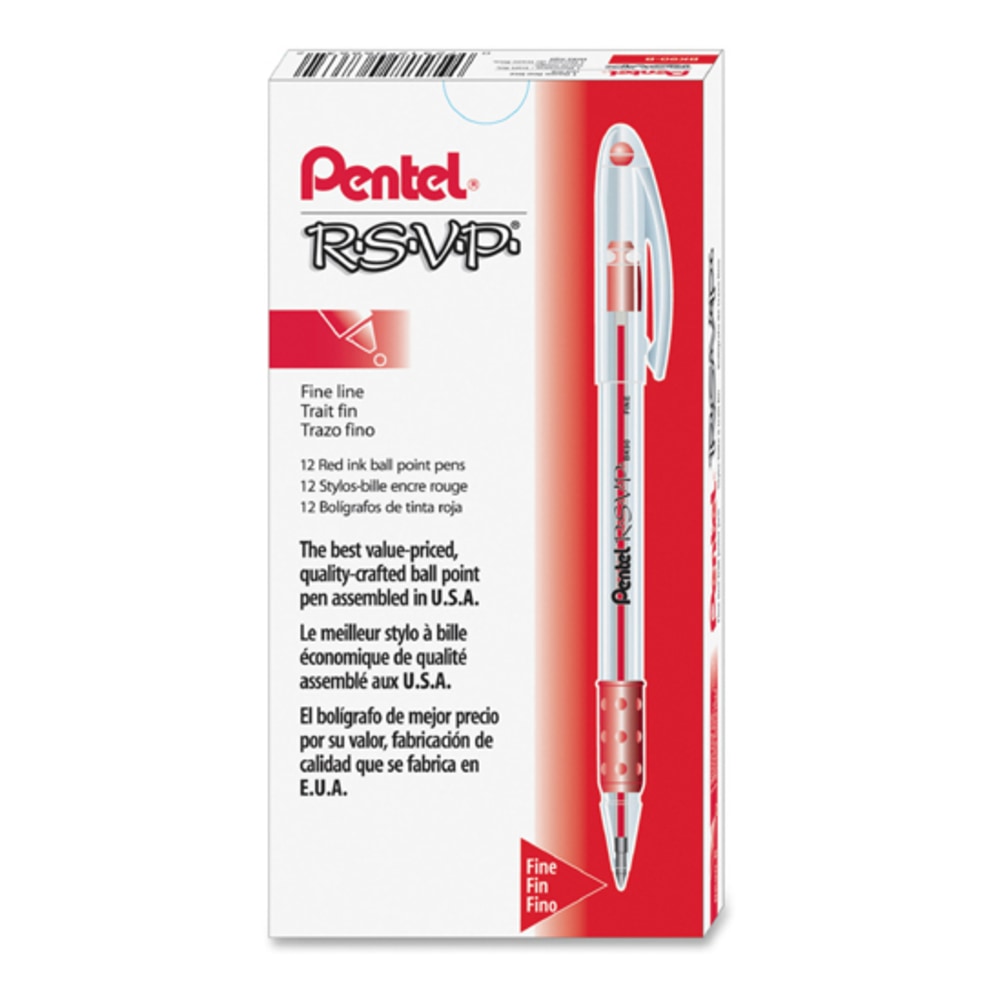 Pentel R.S.V.P. Ballpoint Pens, Fine Point, 0.7 mm, Clear Barrel, Red Ink, Pack Of 12 (Min Order Qty 10) MPN:BK90-B