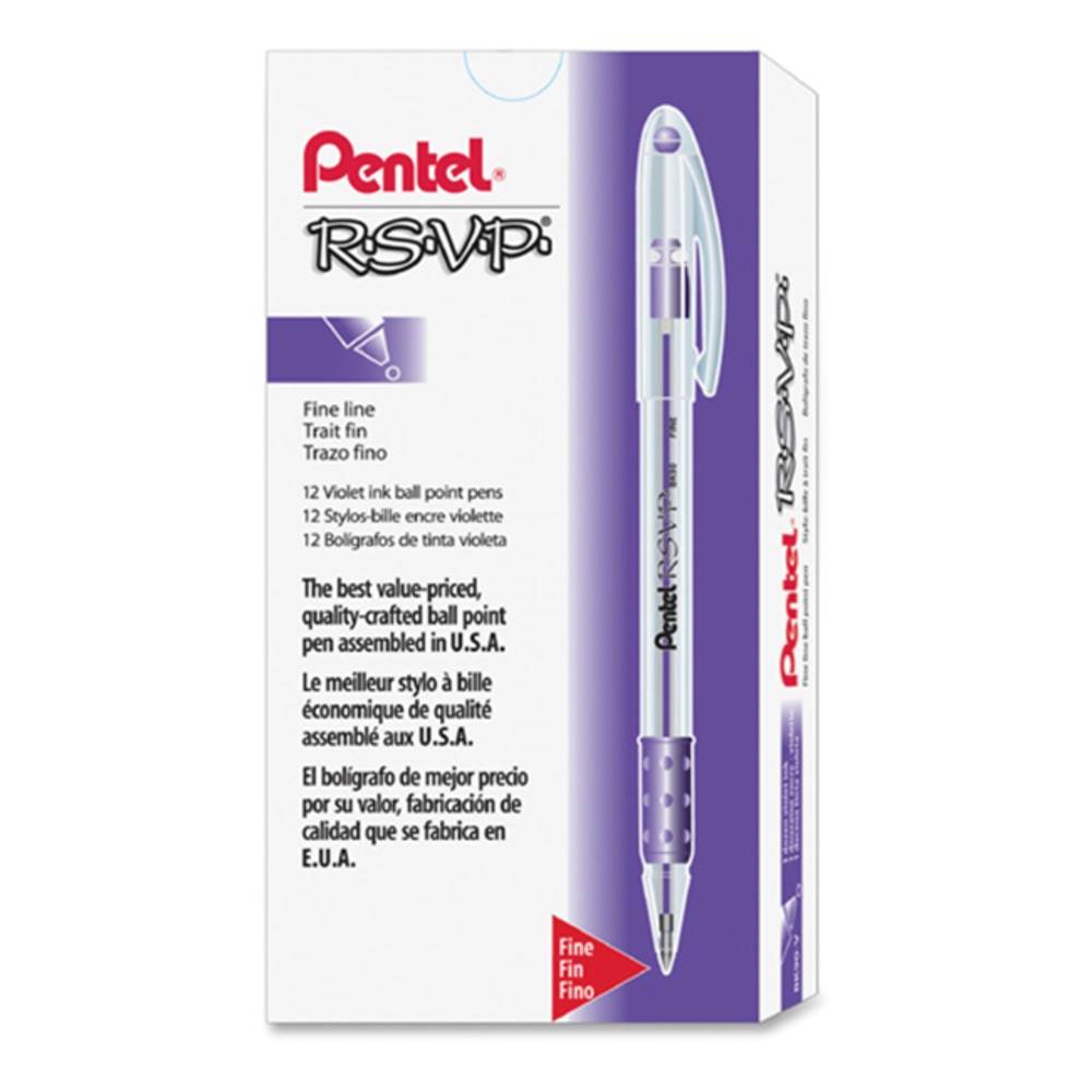 Pentel R.S.V.P. Ballpoint Stick Pens, Fine Point, 0.7 mm, Clear Barrel, Violet Ink, Pack Of 12 Pens (Min Order Qty 7) MPN:BK90-V