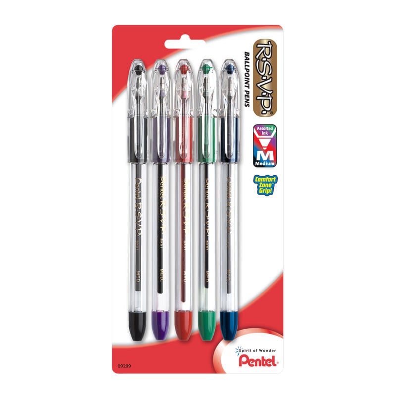 Pentel R.S.V.P. Ballpoint Pens, Fine Point, 0.7 mm, Clear Barrel, Assorted Ink Colors, Pack Of 5 (Min Order Qty 25) MPN:BK90BP5M-D2