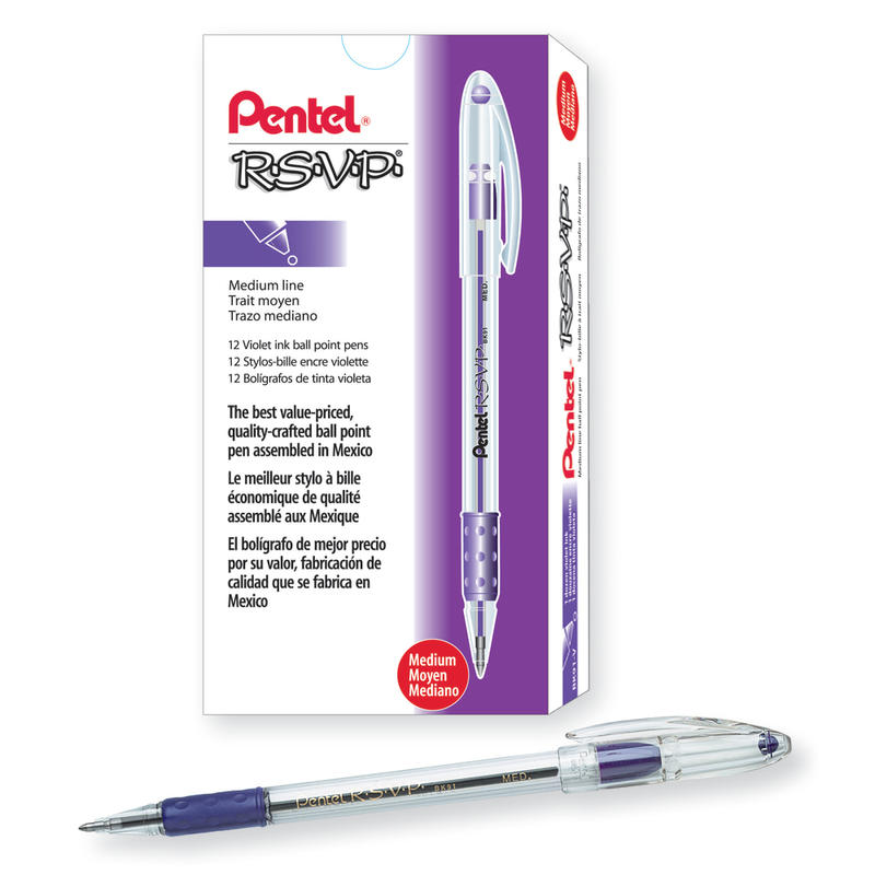 Pentel R.S.V.P. Ballpoint Pens, Medium Point, 1.0 mm, Clear Barrel, Violet Ink, Pack Of 12 (Min Order Qty 10) MPN:BK91-V