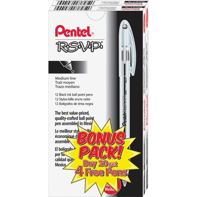 Pentel R.S.V.P. Ballpoint Stick Pens, Pack Of 24, Medium Point, 0.7 mm, Clear Barrel, Black Ink (Min Order Qty 5) MPN:BK91ASWUS-PK