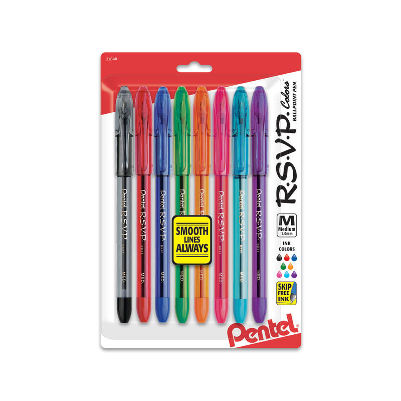 Pentel R.S.V.P. Ballpoint Pens, Medium Point, 1.0 mm, Clear Barrel, Assorted Ink Colors, Pack Of 8 (Min Order Qty 14) MPN:BK91CRBP8M