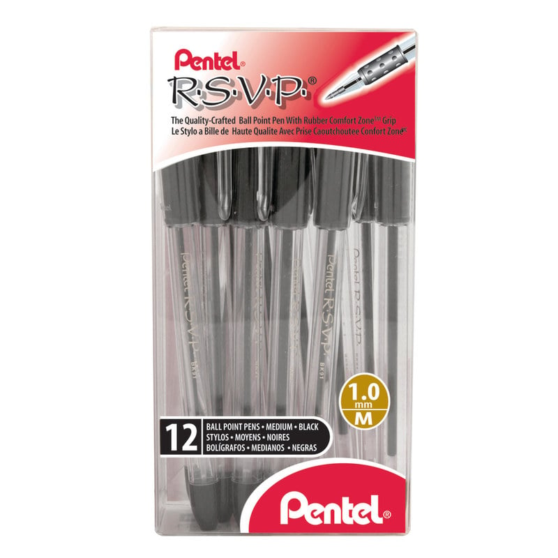 Pentel R.S.V.P. Ballpoint Pens, Medium Point, 1.0 mm, Clear Barrel, Black Ink, Pack Of 12 (Min Order Qty 10) MPN:BK91PC12A