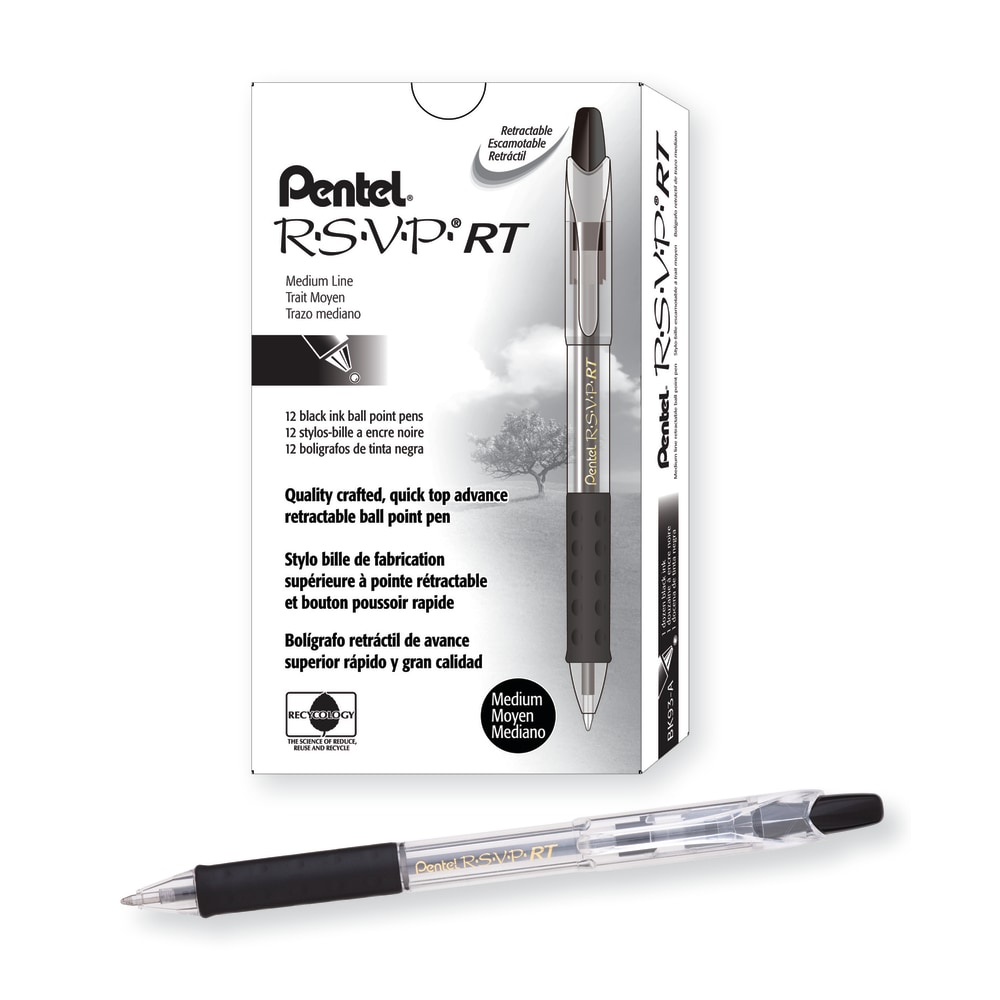 Pentel R.S.V.P. RT Retractable Ballpoint Pens, Medium Point, 1.0 mm, 61% Recycled, Transparent Black Barrel, Black Ink, Pack Of 12 Pens (Min Order Qty 8) MPN:BK93-A