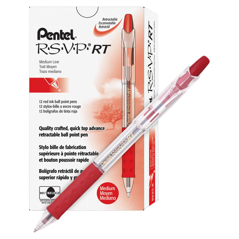 Pentel R.S.V.P. Retractable Ballpoint Pens, Medium Point, 1.0 mm, Clear Barrel, Red Ink, Pack Of 12 Pens (Min Order Qty 5) MPN:BK93-B